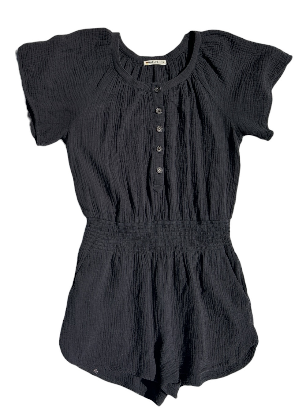 Marine Layer Double Cloth Gauze Romper in Faded Black 100% Cotton Scoop Neck L